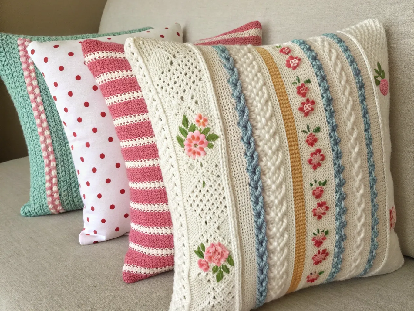 Set med stickade kuddfodral i olika mönster