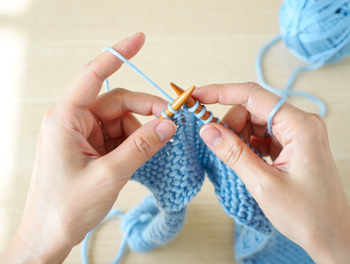 Händer som stickar med stickor